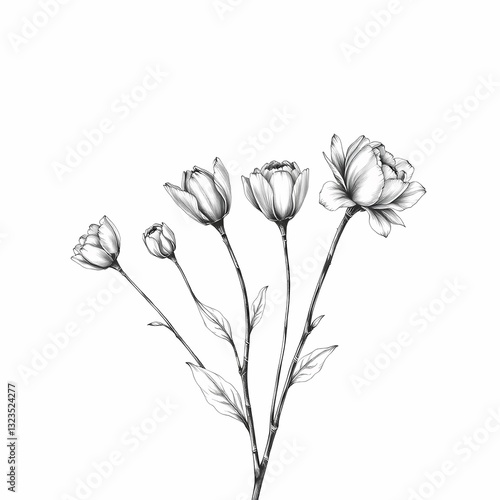 Elegant Floral Sketch: A delicate pencil sketch showcases a bouquet of stylized flowers, each at a different stage of bloom, conveying themes of growth, beauty, and artistic grace.