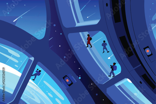 A futuristic intergalactic space station, meticulously detailed, thriving within a vibrant metaverse environment.  Show advanced technology and bustling activity.