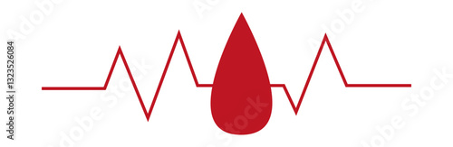 Red blood drop with electrocardiogram line isolated on white background. Medical and healthcare symbol for donation and cardiovascular health
