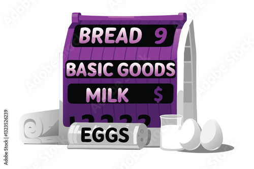 A giant price tag dwarfs mundane grocery staples like bread and milk, highlighting exorbitant cost of living.
