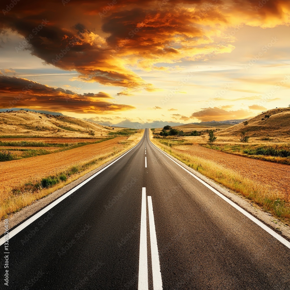 Fototapeta premium Scenic roadway with a dramatic cloudy sky above, enhancing the beauty of the open landscape