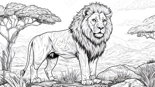 Majestic lion standing in African savanna, mountains in background; coloring book illustration