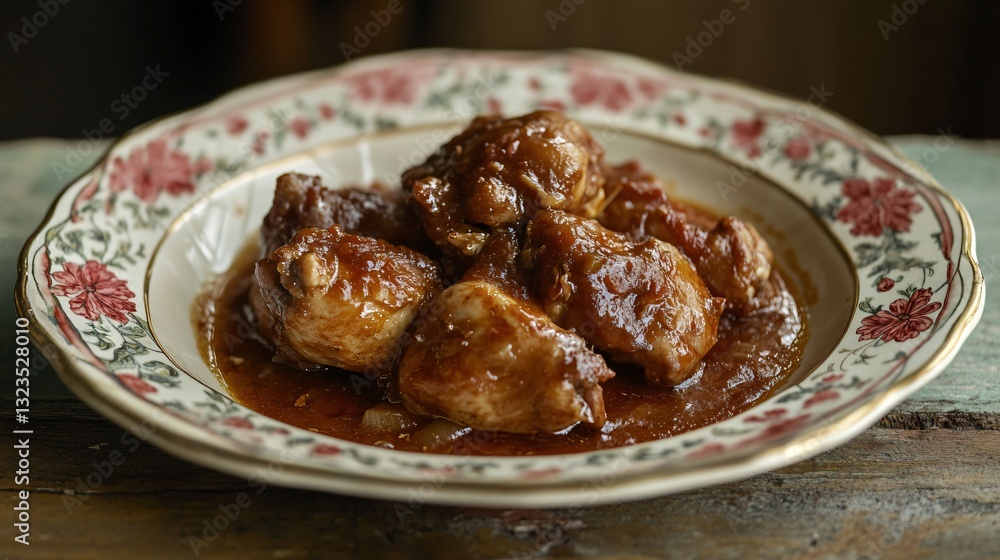 A comforting plate of chicken adobo, steaming hot with rich sauce pooling at the base, served on a simple vintage plate with a floral design A comforting plate of chicken adobo, steaming hot with rich sauce pooling at the base, served on a simple vintage plate with a floral design