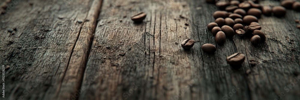 Obraz premium Roasted Coffee Beans Scattered on Rustic Wood Surface for Coffee Break