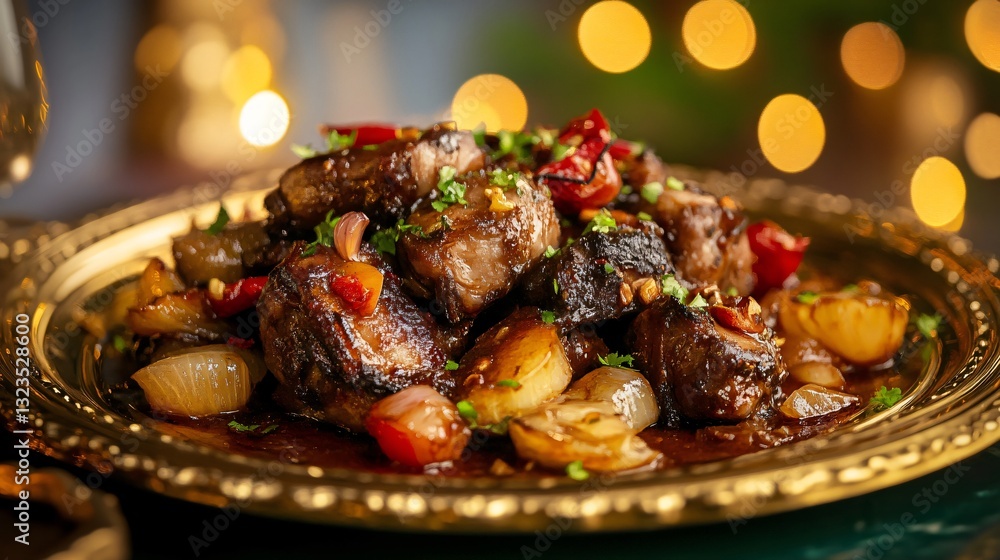 A fantasy-inspired adobo dish, plated on a golden platter with fairy lights twinkling in the background A fantasy-inspired adobo dish, plated on a golden platter with fairy lights twinkling in the background
