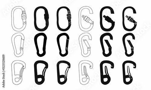 set of carabiner clip vector illustrations in outline, silhouette, and detailed styles. Ideal for climbing, hiking, outdoor gear, adventure, and safety equipment designs.