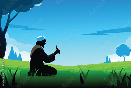Create a serene vector illustration of a Muslim man peacefully performing Salat (prayer), emphasizing tranquility and devotion.