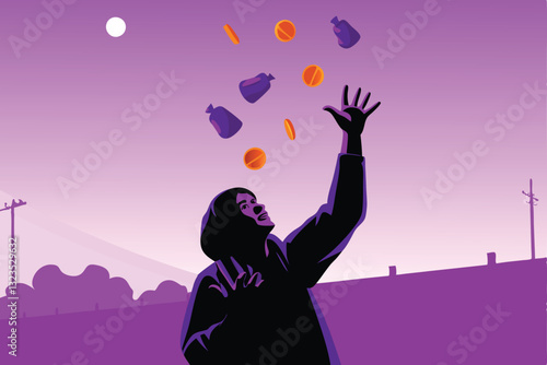 A skilled person expertly juggling a mix of coins, dollar bills, and everyday essential items like keys and a pen, showcasing dexterity and multitasking.