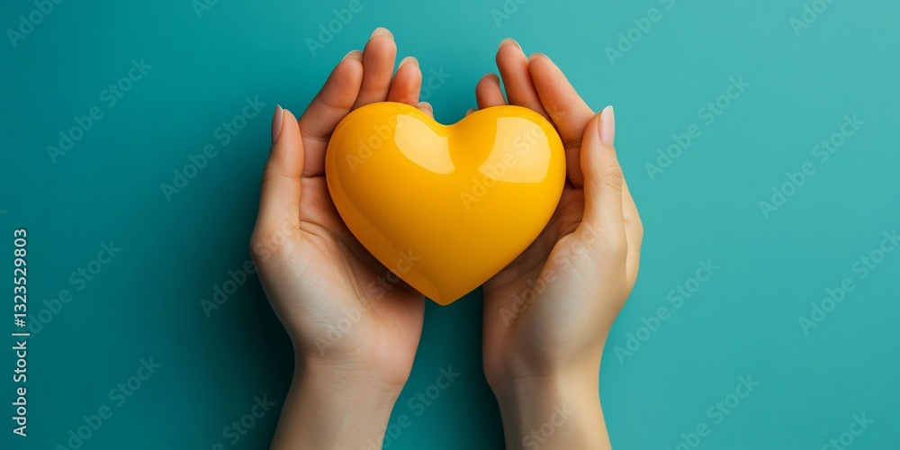 Fototapeta premium A minimalist photograph of a woman’s hands gently cradling a yellow heart, ideal for wellness, love campaigns, or heartfelt messages for holidays like Valentine's Day.