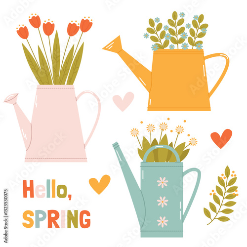 Set with cute garden watering cans with flowers for spring decor