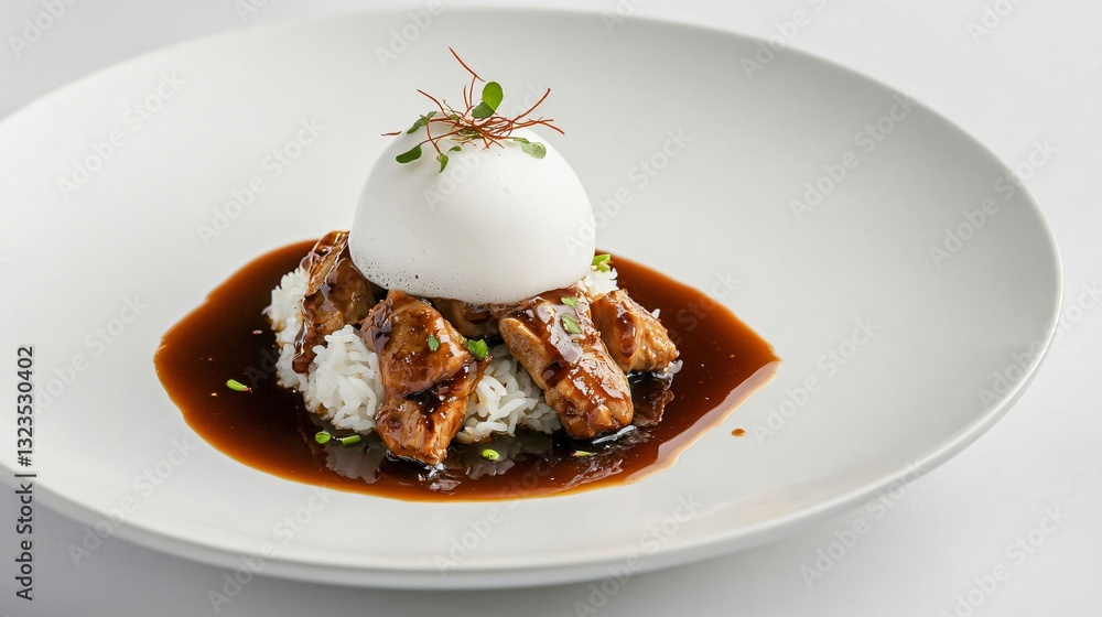 Artistic plating of chicken adobo with foam-infused soy sauce reduction, served with a single sculpted rice dome, against a contemporary white backdrop Artistic plating of chicken adobo with foam-infused soy sauce reduction, served with a single sculpted rice dome, against a contemporary white backdrop