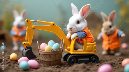 A cartoon of a rabbit in a yellow construction vehicle with a basket of eggs. The rabbit is wearing an orange vest
