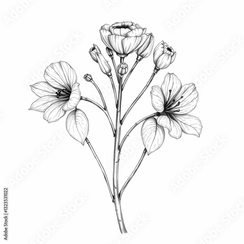 Botanical Sketch: Delicate pencil sketch of a blossoming floral arrangement, capturing the intricate details of petals, leaves, and stems with a soft, artistic touch.