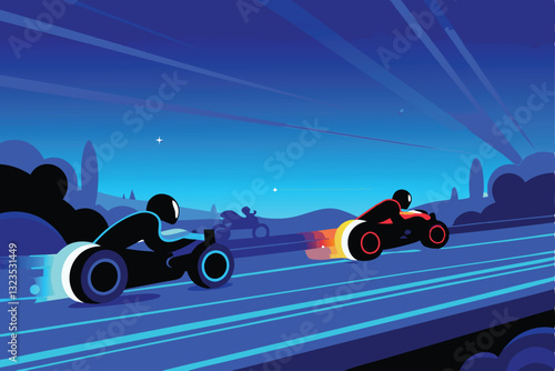 Futuristic metaverse racing game; avatars compete in high-speed virtual vehicle races across dynamic tracks.