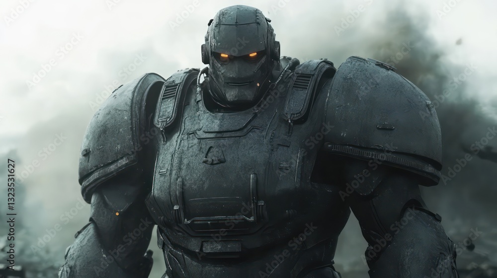 Fototapeta premium A futuristic soldier in heavy, tech-heavy armor, glowing eyes piercing through the smoke, standing resolutely on the battlefield.