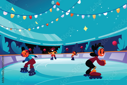 Vibrant cartoon characters roller skating in a brightly lit, retro-style roller rink.  Include disco ball, colorful skate shoes, and energetic poses.