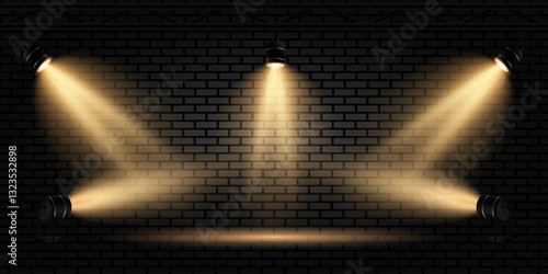 Yellow spotlights.Bright lighting with spotlights on a brick wall.Vector illustration.