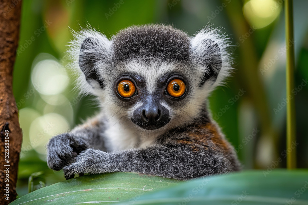 Fototapeta premium Curious lemur with striking orange eyes in lush greenery