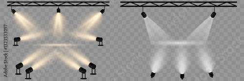 Set of spotlights for studio lighting. On a transparent background. Vector. EPS 10.