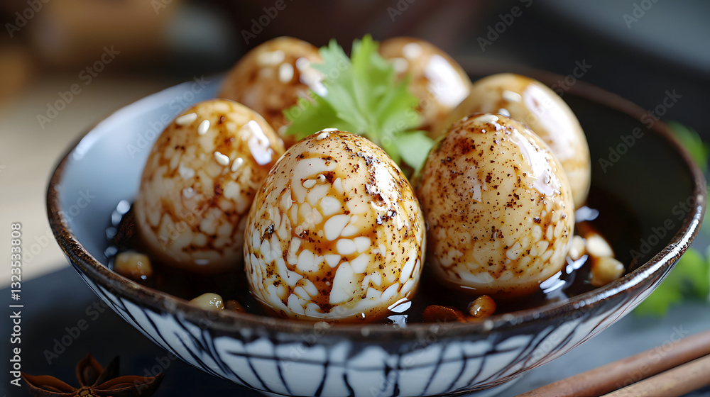 Delicate Chinese Hard Boiled Eggs Simmered in Exotic Tea Sauce with Spices and Garnish Delicate Chinese Hard Boiled Eggs Simmered in Exotic Tea Sauce with Spices and Garnish