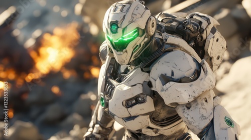 A futuristic soldier with glowing green eyes in a heavy armored suit, featuring sharp, realistic textures and intricate details.