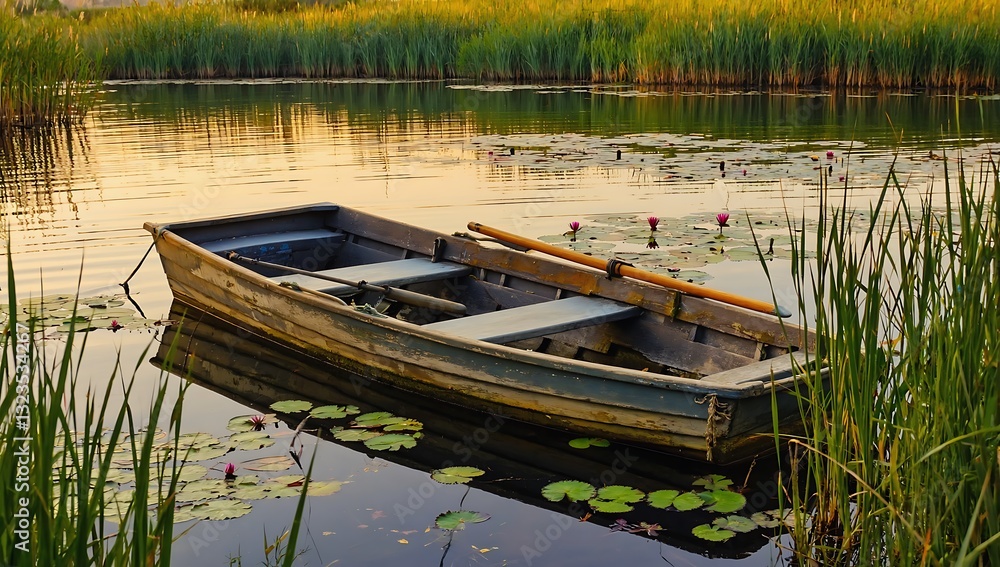 Obraz premium Old wooden boat on a calm lake