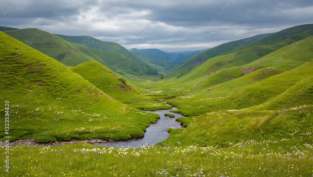 Naklejka premium Serene Green Valley with Winding River