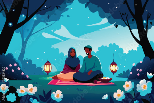 Wallpaper Mural Create a serene vector illustration of a Muslim couple happily enjoying a picnic celebrating Eid al-Fitr, showcasing peaceful togetherness. Torontodigital.ca