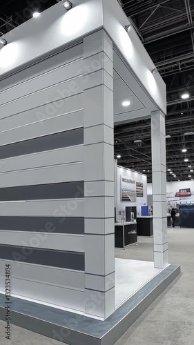 Modern exhibition booth design featuring clean lines and minimalist aesthetic in a spacious convention center