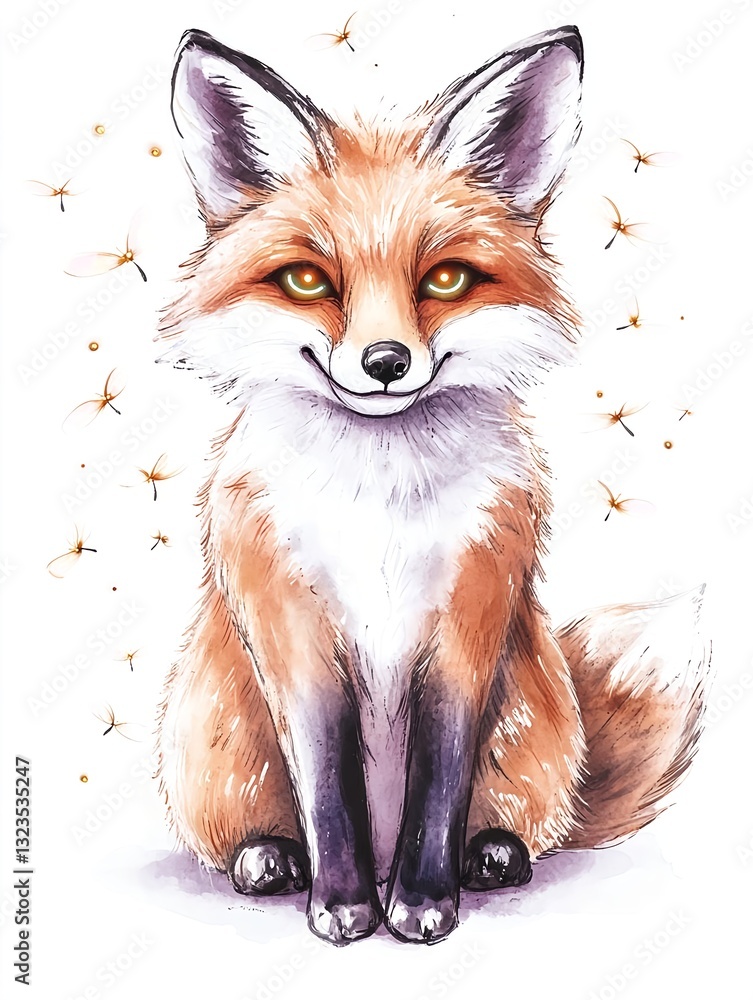 Obraz premium Cute Watercolor Fox with Dandelions - Watercolor illustrations