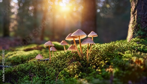 mushrooms growing in the forest on mossy ground with sunlight