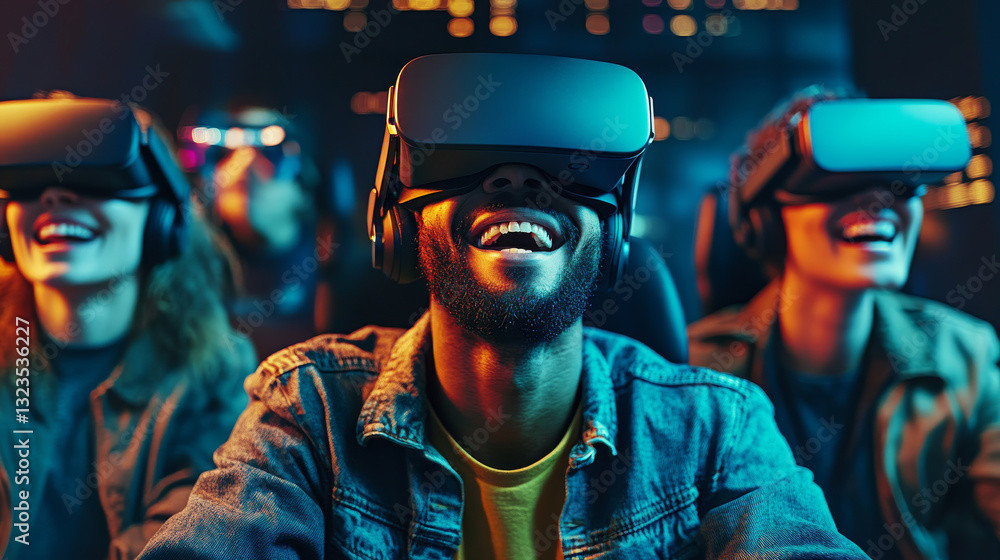 Obraz premium diverse group of friends wearing VR headsets, laughing and enjoying virtual experience