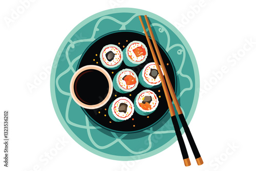 A meticulously plated sushi roll, showcasing Asian-inspired presentation with chopsticks, on a rustic wooden surface.  High-quality, vibrant image.