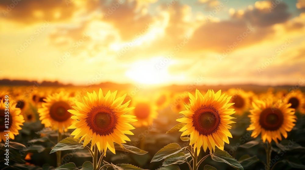 Obraz premium Agricultural field with yellow sunflowers against the sky with clouds.Sunflower field.Gold sunset. Sunflower closeup.Agrarian industry. Photo of cultivation land.flowers image