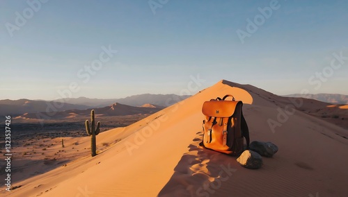 Fototapeta Naklejka Na Ścianę i Meble -  Leather backpack on a sand dune