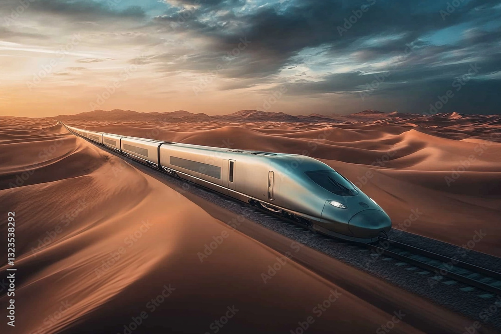 Obraz premium Modern high speed train journey through desert landscape sky sun sand dune rail fast metal steel