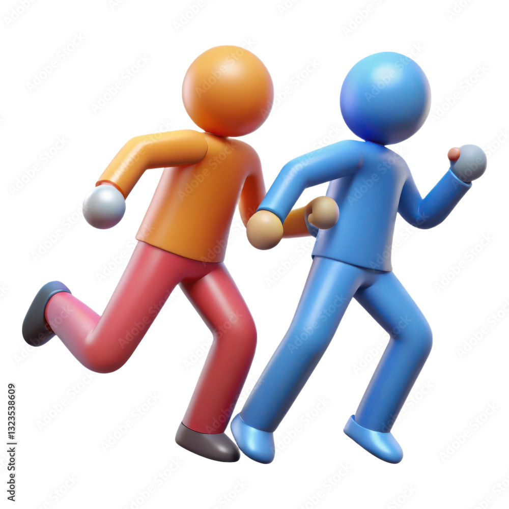 Two stylized figures running side by side, depicted in vibrant orange and blue colors, emphasizing motion and activity, illustration of 3d rendering. Two stylized figures running side by side, depicted in vibrant orange and blue colors, emphasizing motion and activity, illustration of 3d rendering.