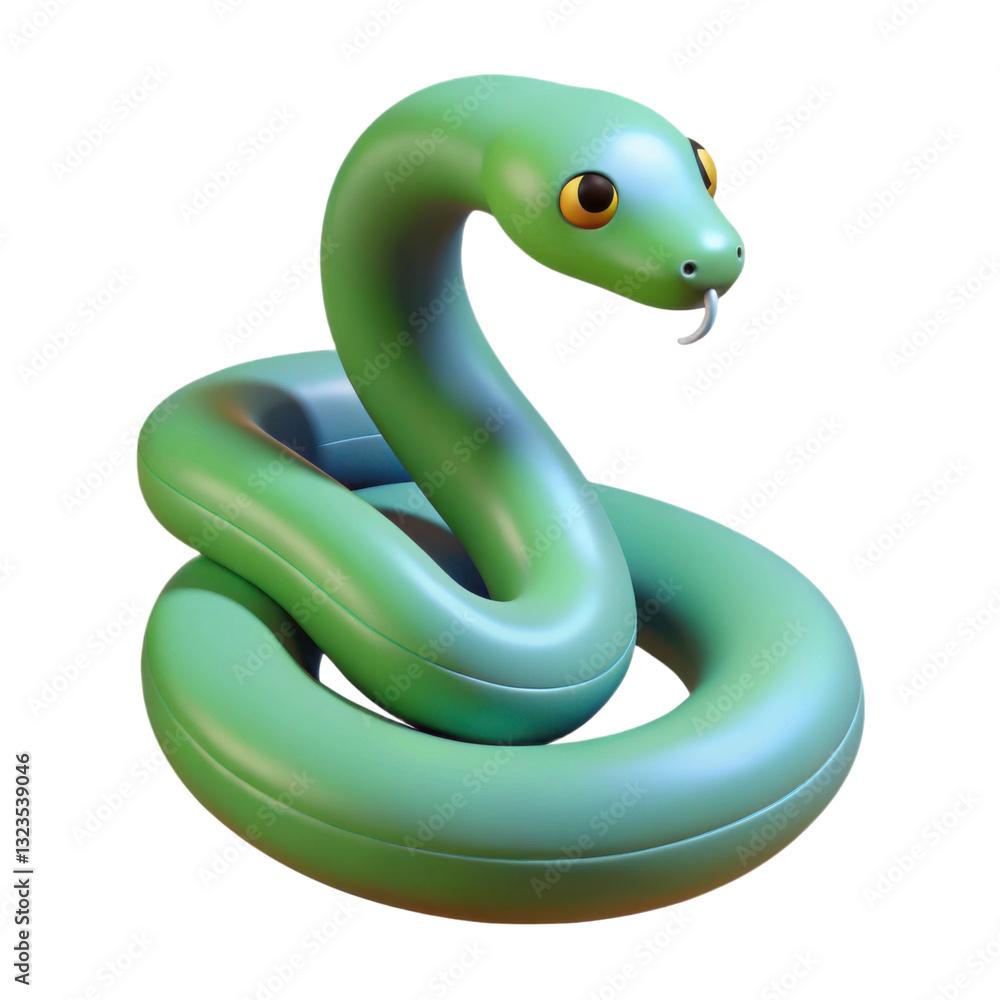 Fototapeta premium A stylized green snake with large eyes and an elongated body, coiled in a dynamic pose, showcasing a smooth and glossy surface, illustration of 3d rendering.