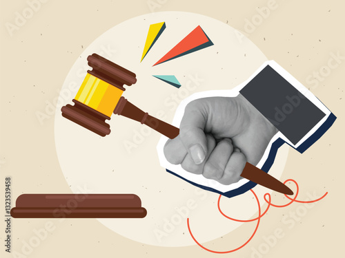 Hand strikes judge's gavel. Verdict. Modern photo collage style. Vector illustration