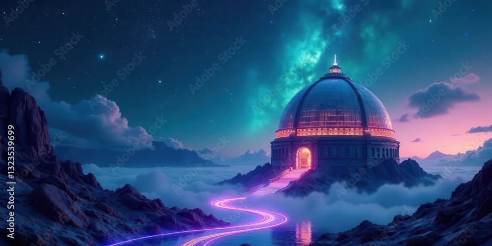 Obraz premium A luminous pathway winds through ethereal clouds towards a majestic dome-shaped structure perched atop a misty mountain, under a breathtaking starry sky.