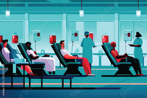 Create a vibrant vector illustration depicting a bustling blood donation drive, showcasing diverse people donating blood, medical staff, and informational banners.  Include Don (1) prominently.