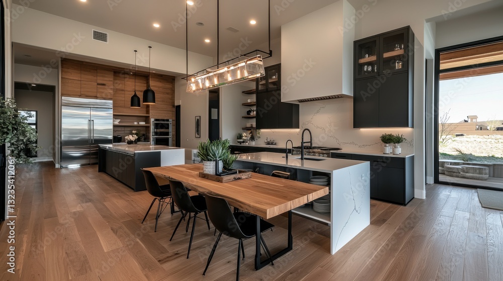 Modern kitchen interior with sleek design and large dining area featuring natural light. Modern kitchen interior with sleek design and large dining area featuring natural light.