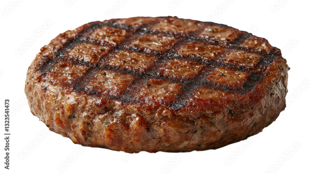 Grilled burger patty sizzling on the barbecue during a summer cookout celebration Grilled burger patty sizzling on the barbecue during a summer cookout celebration
