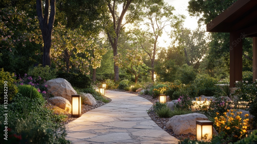 Fototapeta premium Serene garden pathway illuminated by lanterns, surrounded by lush trees and vibrant flowers.