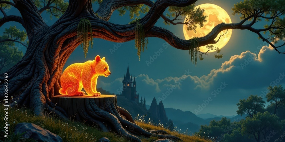 Fototapeta premium Luminous Cub Underneath Ancient Tree, Gazing Towards Distant Castle Silhouette, Bathed in Moonlight's Glow