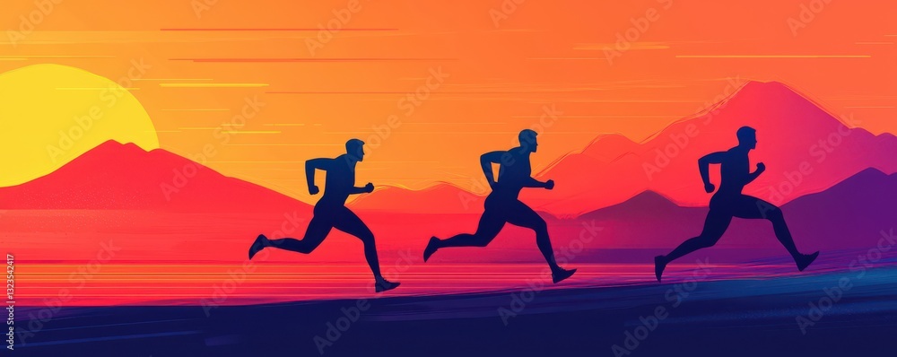 Silhouetted runners in action against a vibrant sunset backdrop, showcasing energy. Silhouetted runners in action against a vibrant sunset backdrop, showcasing energy.