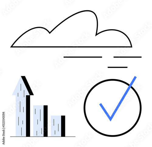 Cloud above upward graph alongside circled checkmark symbolizes growth, progress, approval, and technology. Ideal for cloud computing, data analysis, success, business progress, validation