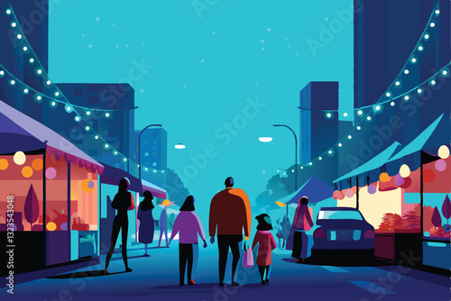 Create a vibrant vector illustration of a bustling city street, filled with colorful buildings, diverse people, and lively street activity.