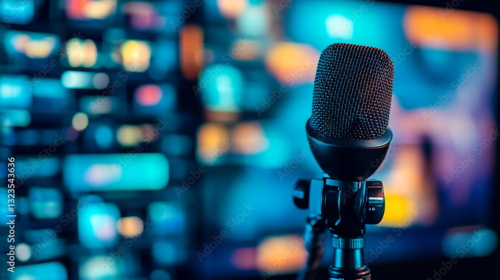 Professional studio microphone recording audio podcast streaming setup dark blue dark music voice Professional studio microphone recording audio podcast streaming setup dark blue dark music voice