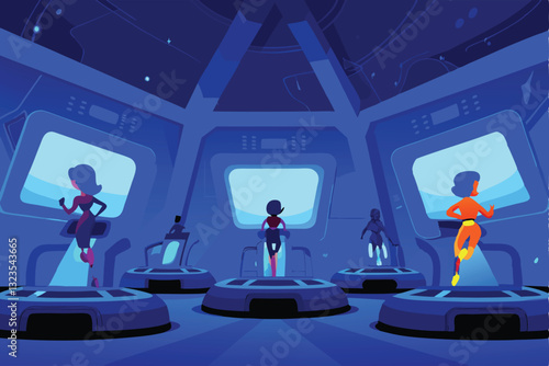 A futuristic virtual gym scene; avatars perform diverse workouts on floating platforms.  High-resolution, vibrant colors, realistic avatars.